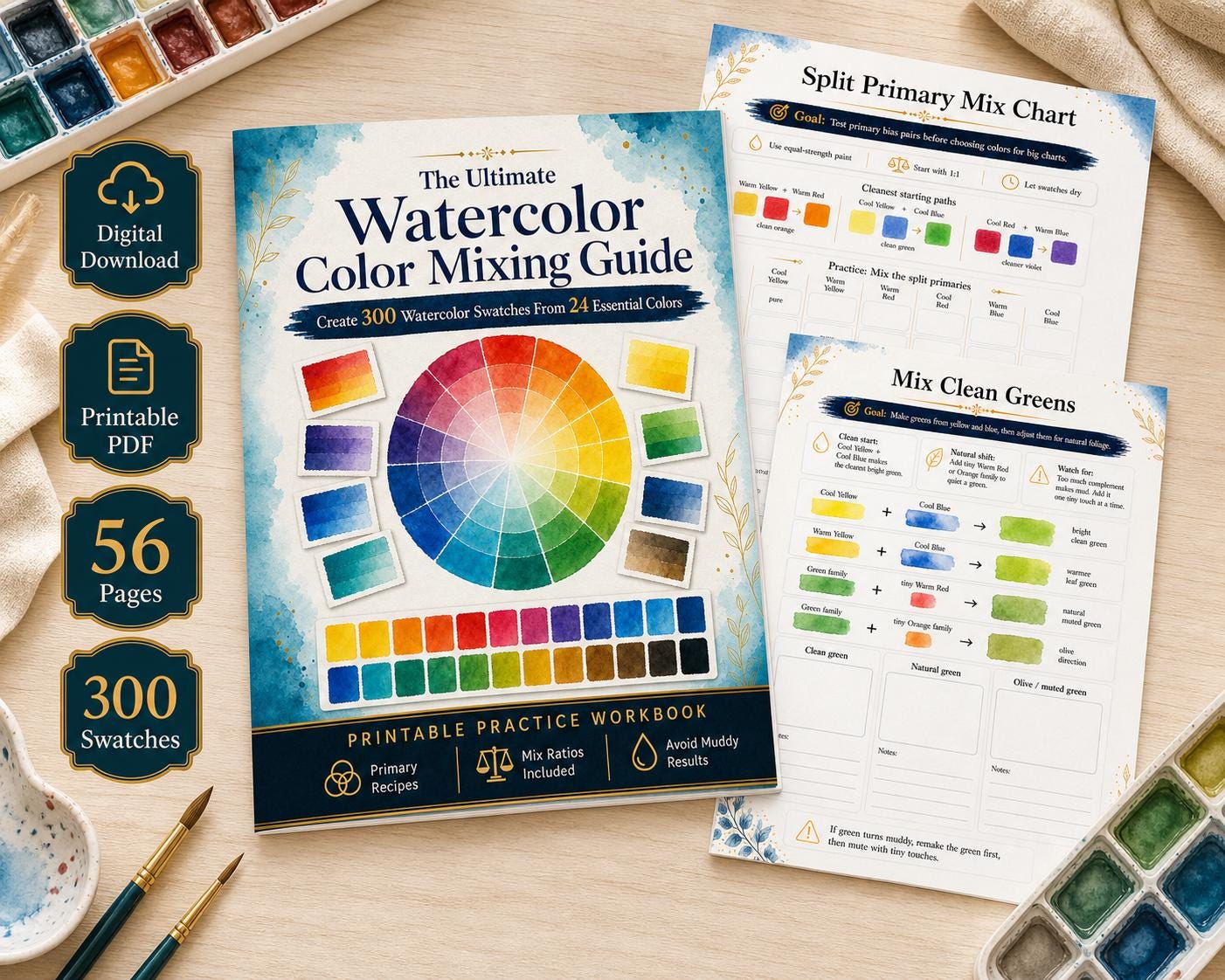 InklessEdit Watercolor Color Mixing workbook listing preview.